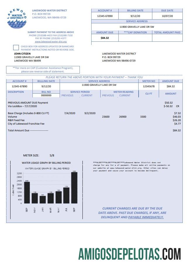 Para baixar modelo de conta de serviços públicos do distrito aquático de Lakewood nos EUA em formato Word e PDF